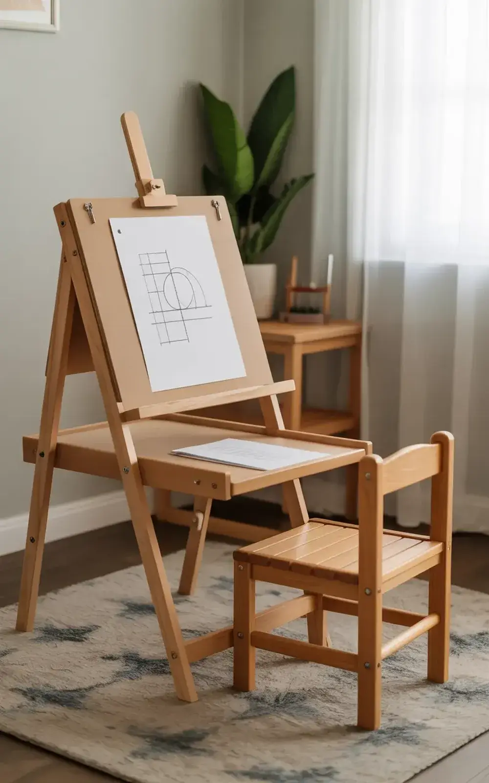 Small wooden easel with drawing in front of a child-sized chair.