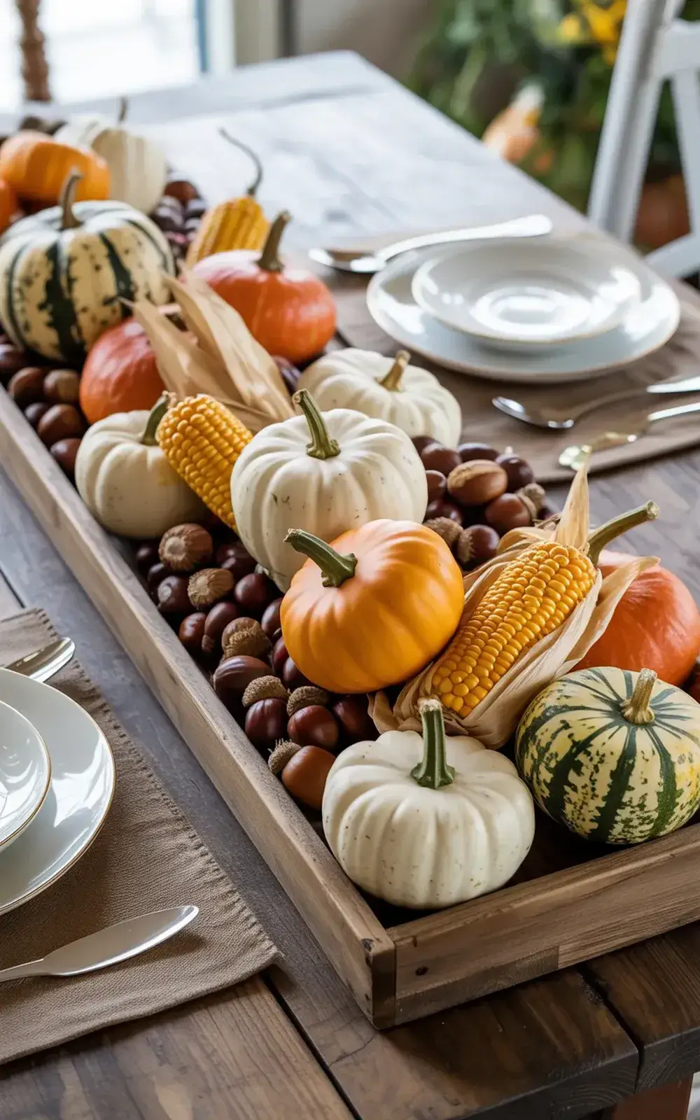 A tray with small pumpkins, gourds, corn husks, and acorns on a table setting.