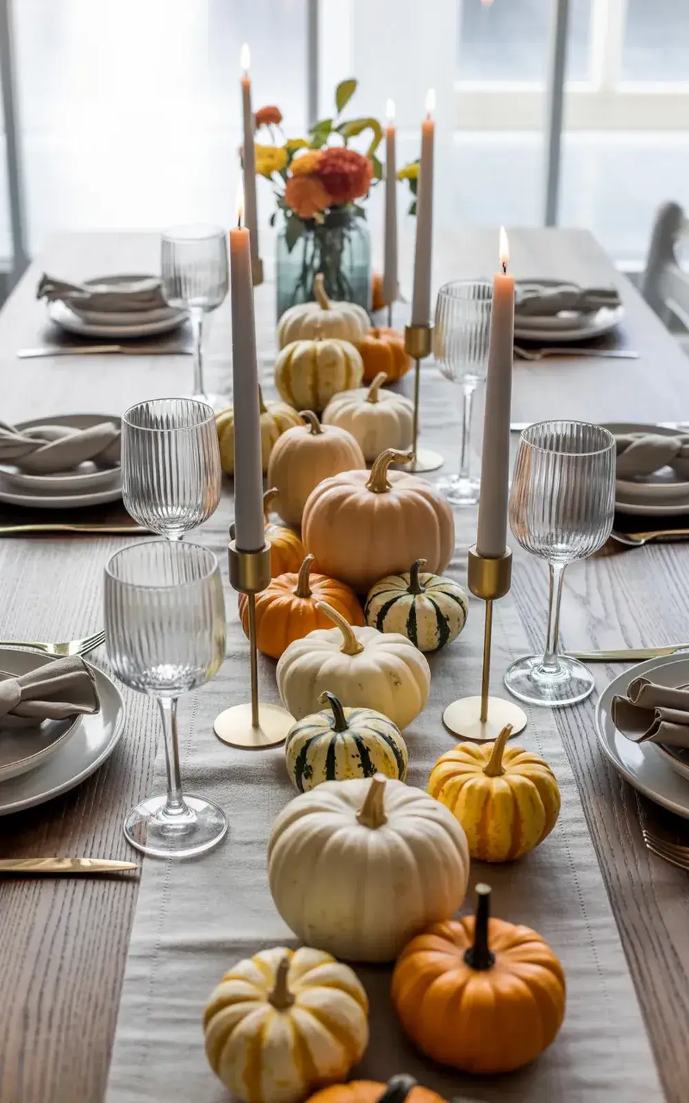 Elegant dining table set with small pumpkins, candles, and autumn flowers.