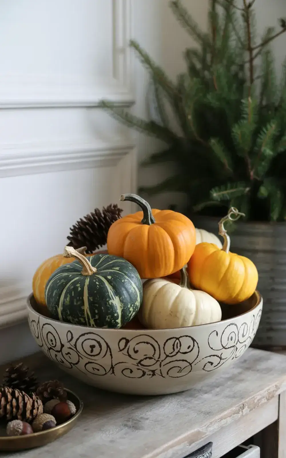 A decorative bowl filled with multi-colored pumpkins and surrounded by pine cones on a rustic wooden console.