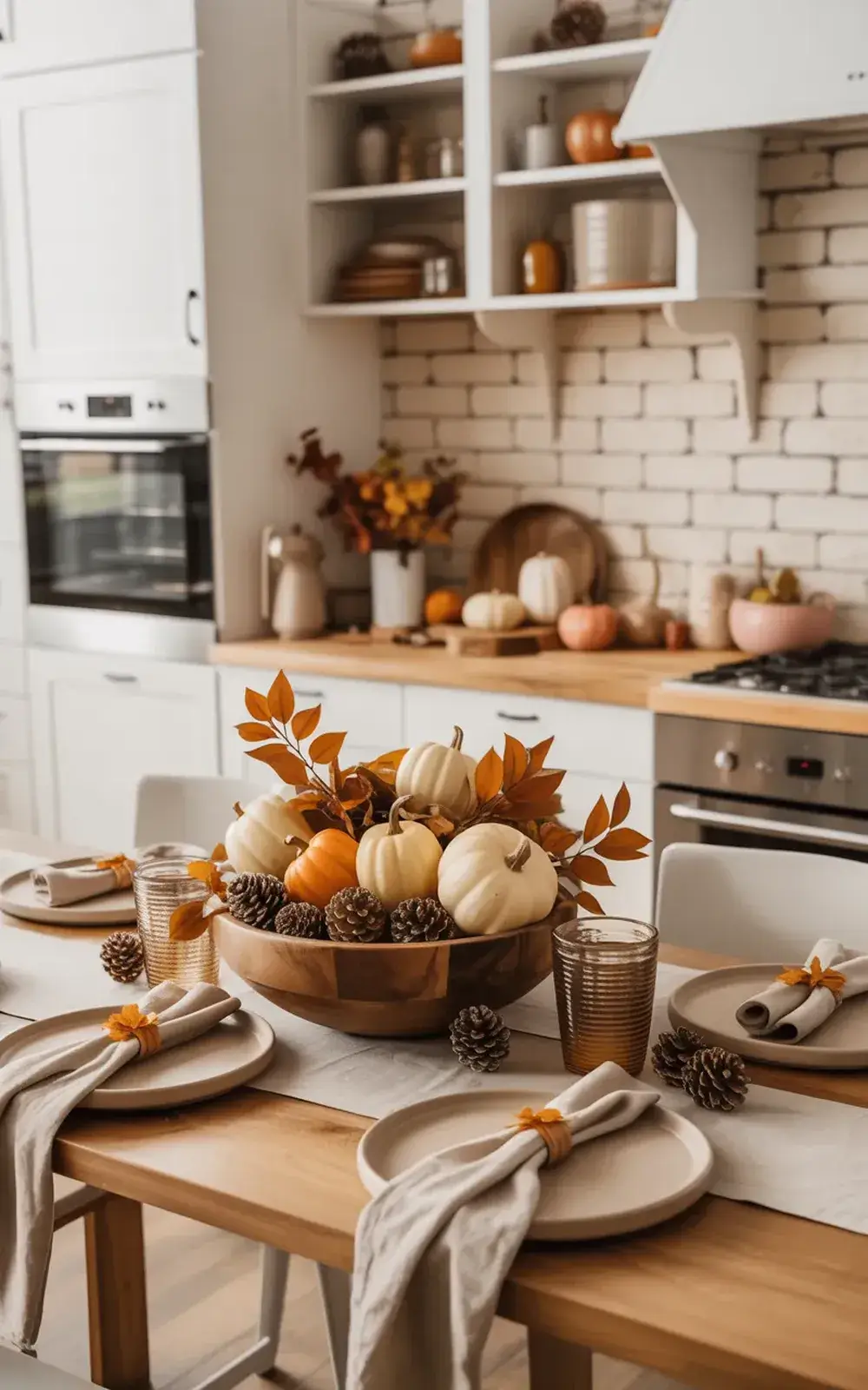 Fall-themed kitchen table setting with white and orange pumpkins, pine cones, and leaf arrangements.