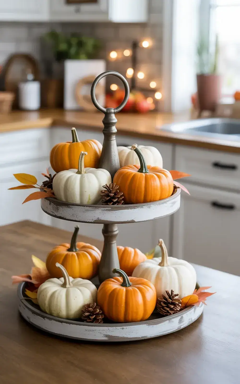 A two-tiered stand with small white and orange pumpkins and fall leaves on a kitchen counter.
