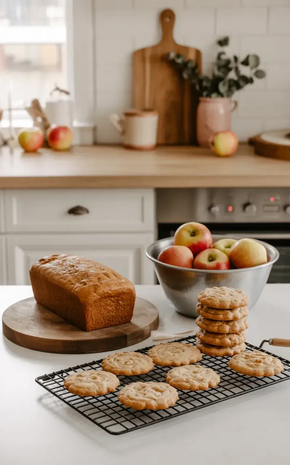 Homemade apple bread, cookies, and a bowl of apples on a kitchen counter.