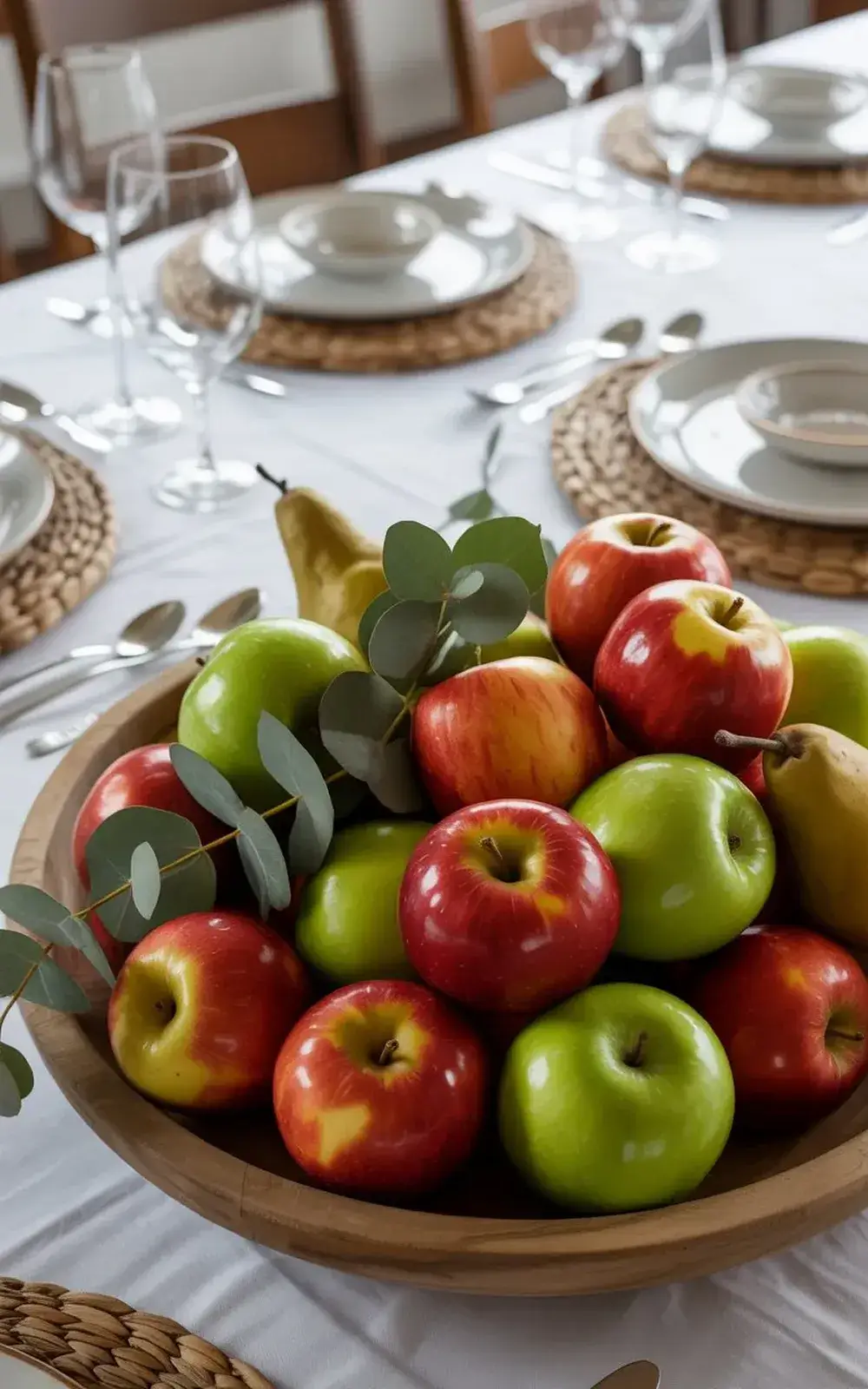 A wooden bowl filled with assorted apples, pears, and greenery on a neatly set table.