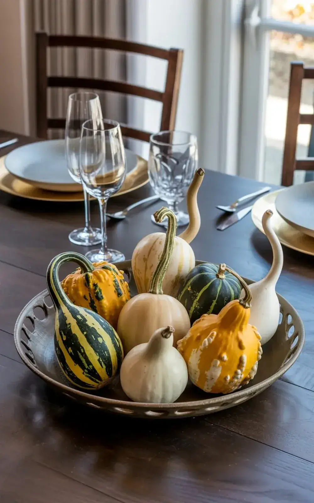 A table setting with a bowl of small decorative gourds and pumpkins.