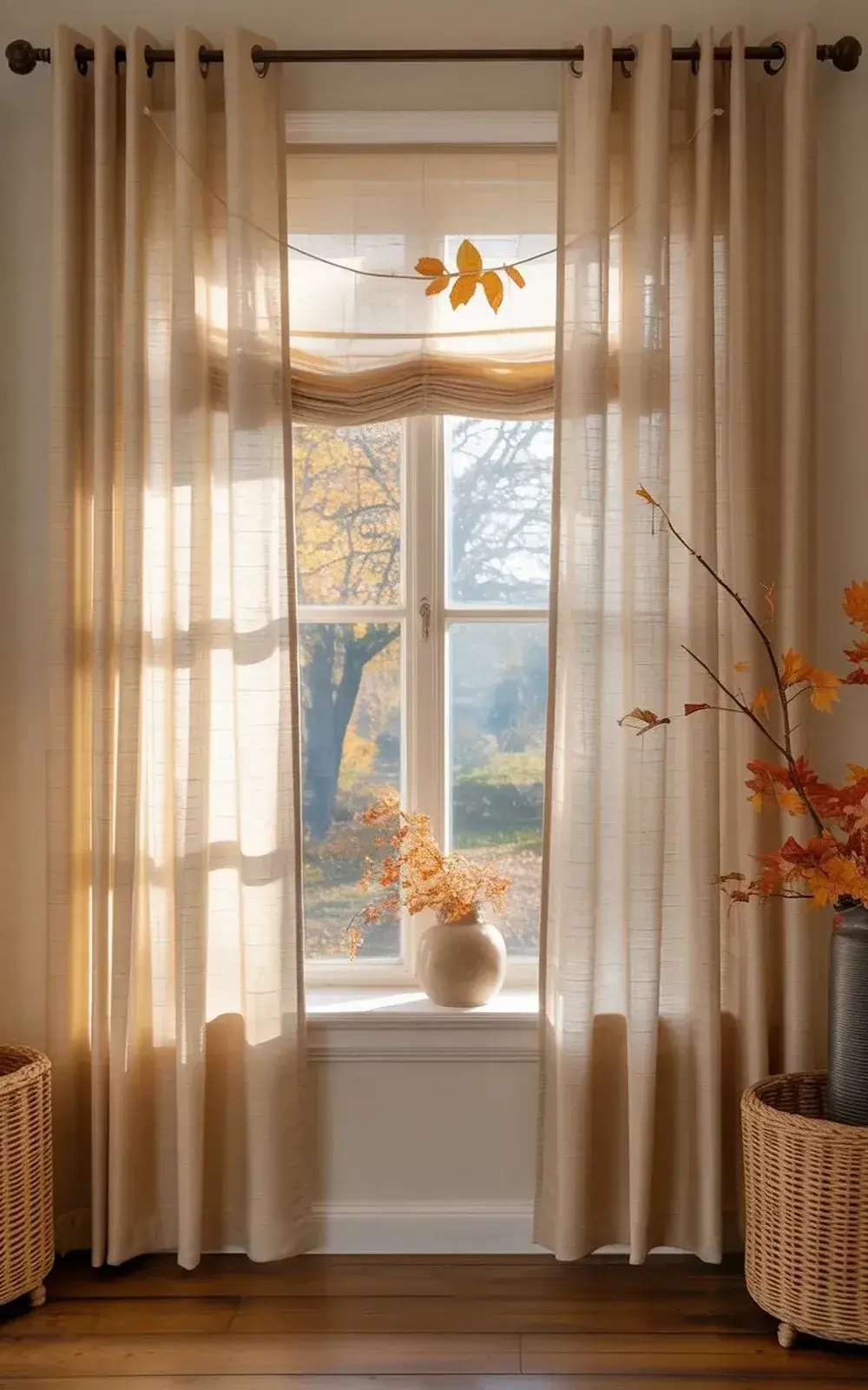 curtains framing a window with autumn decorations and fall tree view