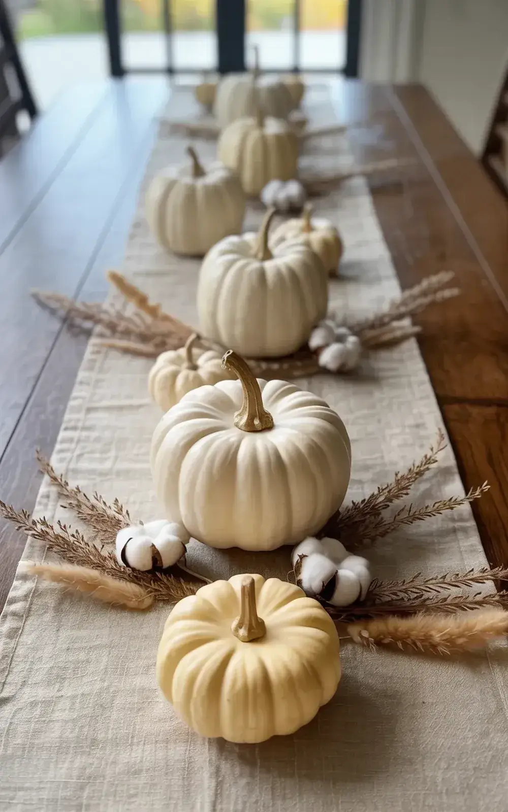 Table decorated with white pumpkins and cotton and wheat stalks.