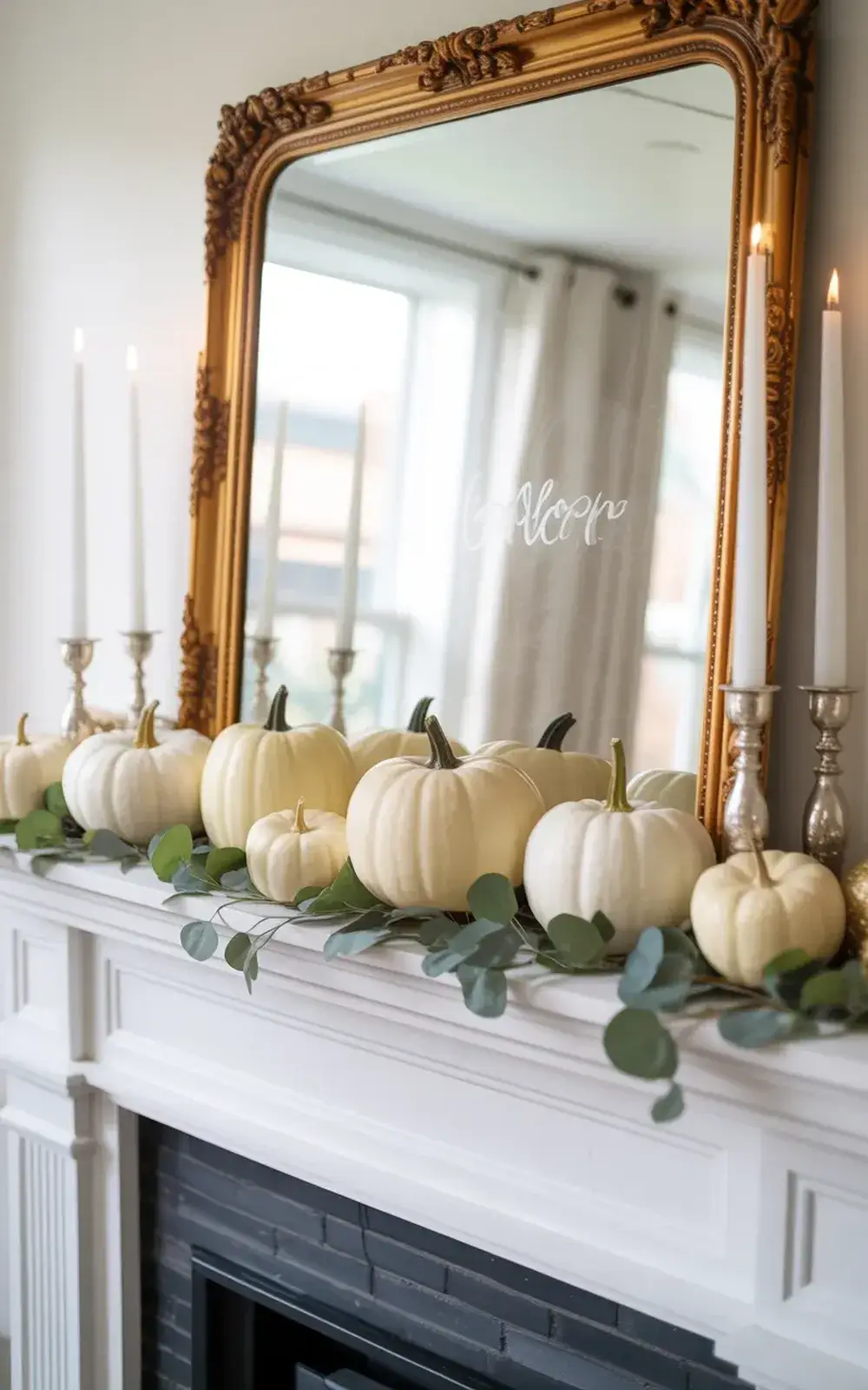 White pumpkins and eucalyptus garland on mantel with gold mirror and holiday candle holders.