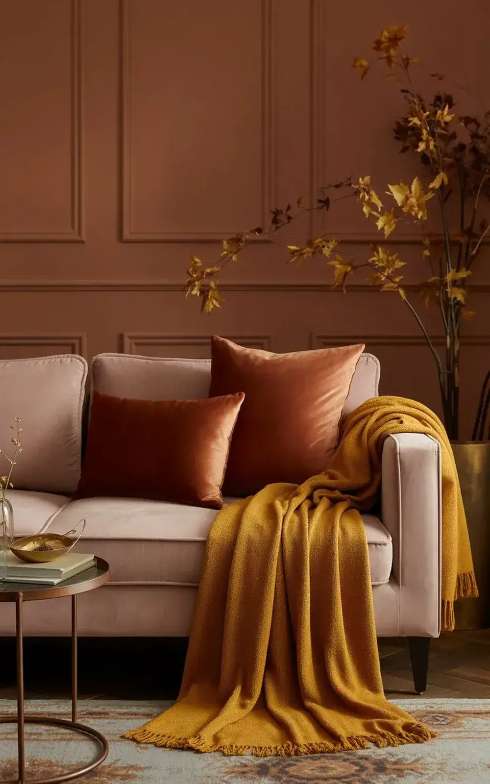 Living room with pink velour loveseat, gold blanket, and dried flowers in vase.