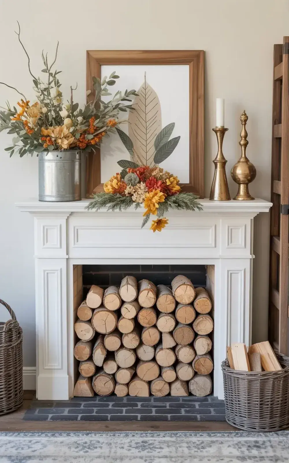 Decorative white mantel with flower arrangements, candles, and stack of firewood.