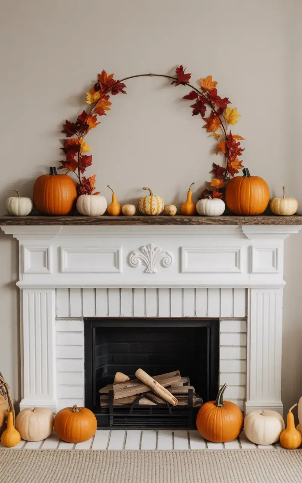Fireplace mantel and hearth decorated with autumn leaves, pumpkins, gourds, and firewood inside the fireplace.