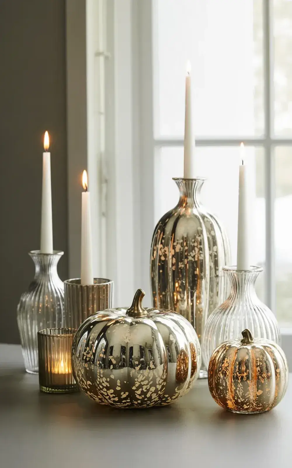 Candles and metallic pumpkin decor in glass vases by a window