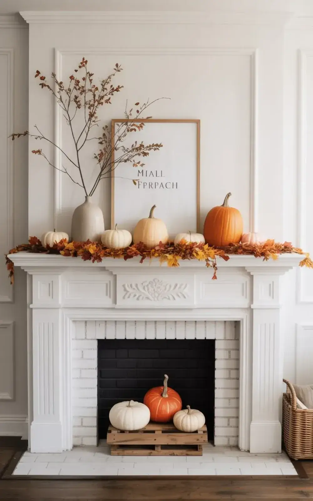 White fireplace mantel adorned with pumpkins, fall leaves, and autumn decor
