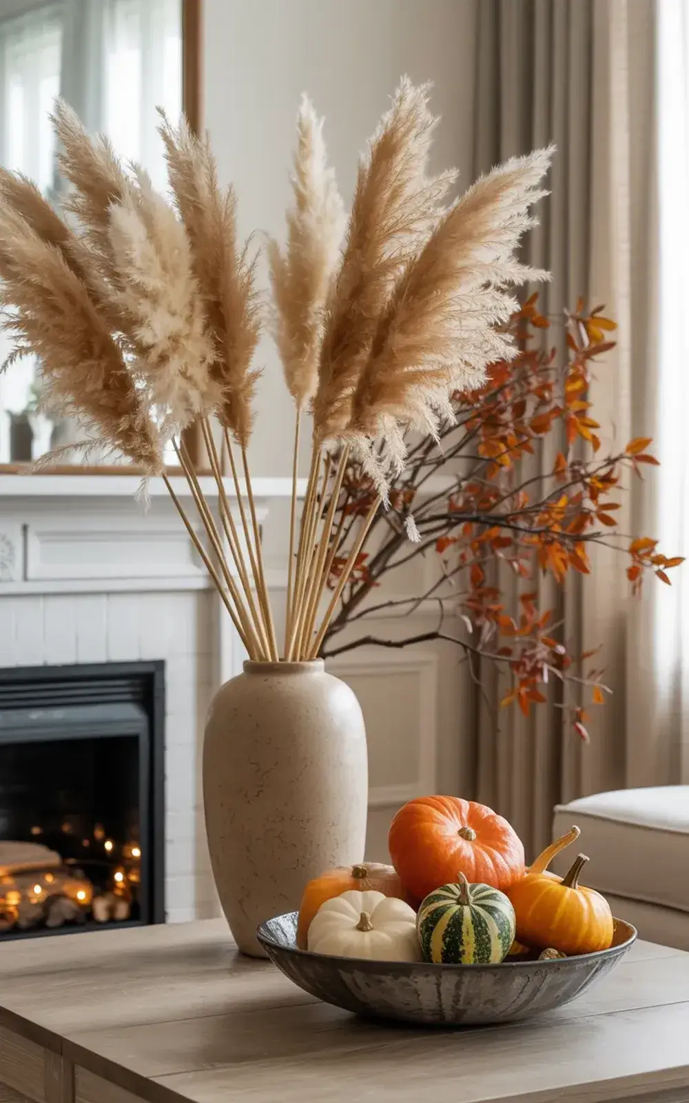 A fall-themed centerpiece with a vase of pampas grass, a branch with orange leaves, and a bowl of pumpkins and gourds.