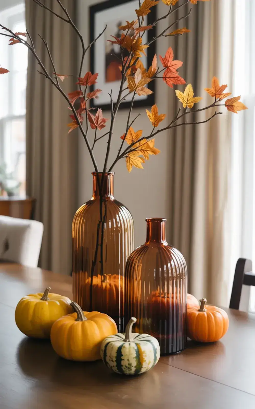 Autumn-themed centerpiece with vases and colorful pumpkins.
