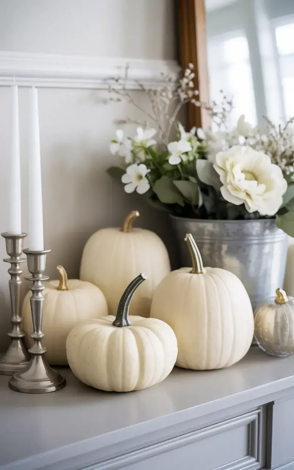 Metallic and white pumpkins with candles on a mantel with a white floral arrangement.