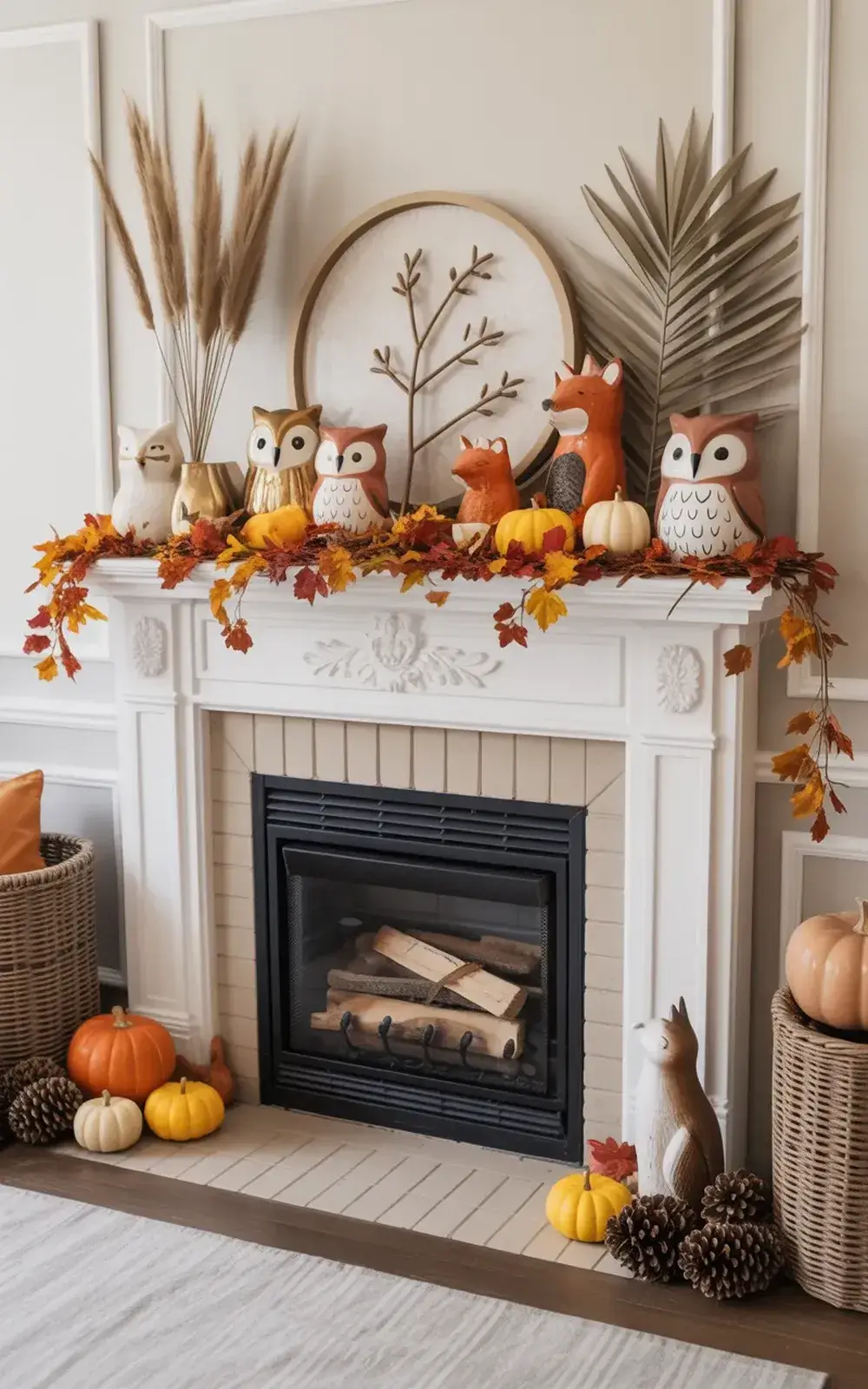Fall-themed fireplace decor with autumn leaves, pumpkins, animal figurines, and pine cones.
