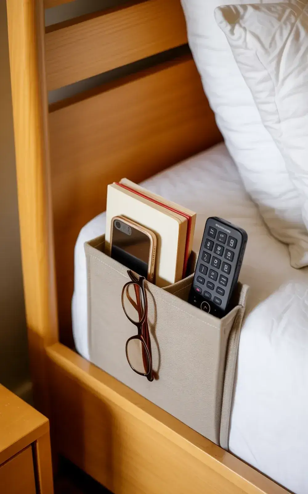 A small bedside organizer holding a phone, glasses, a notebook, and a TV remote on a wooden nightstand beside a bed.