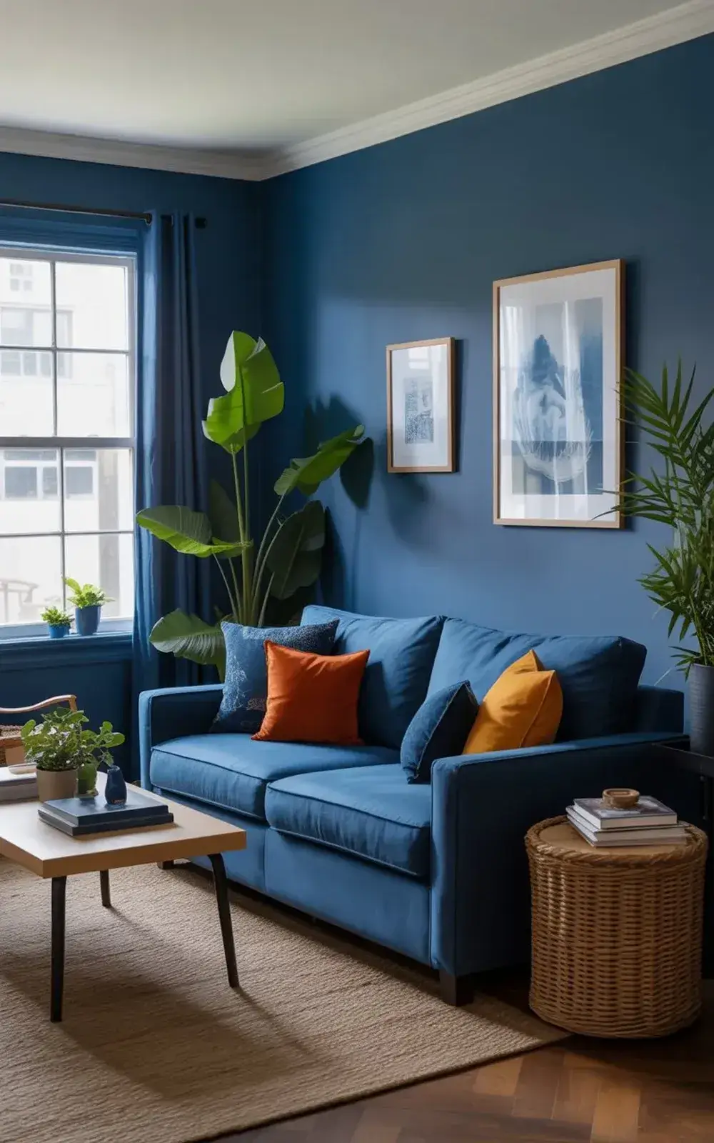 A cozy blue living room with a sofa, two side tables, and large houseplants.