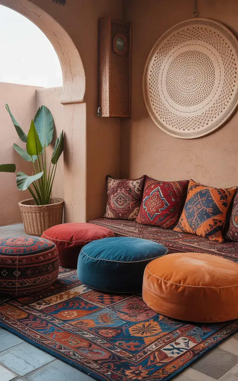 Cozy indoor seating area with colorful cushions, patterned rugs, and decorative wall elements.
