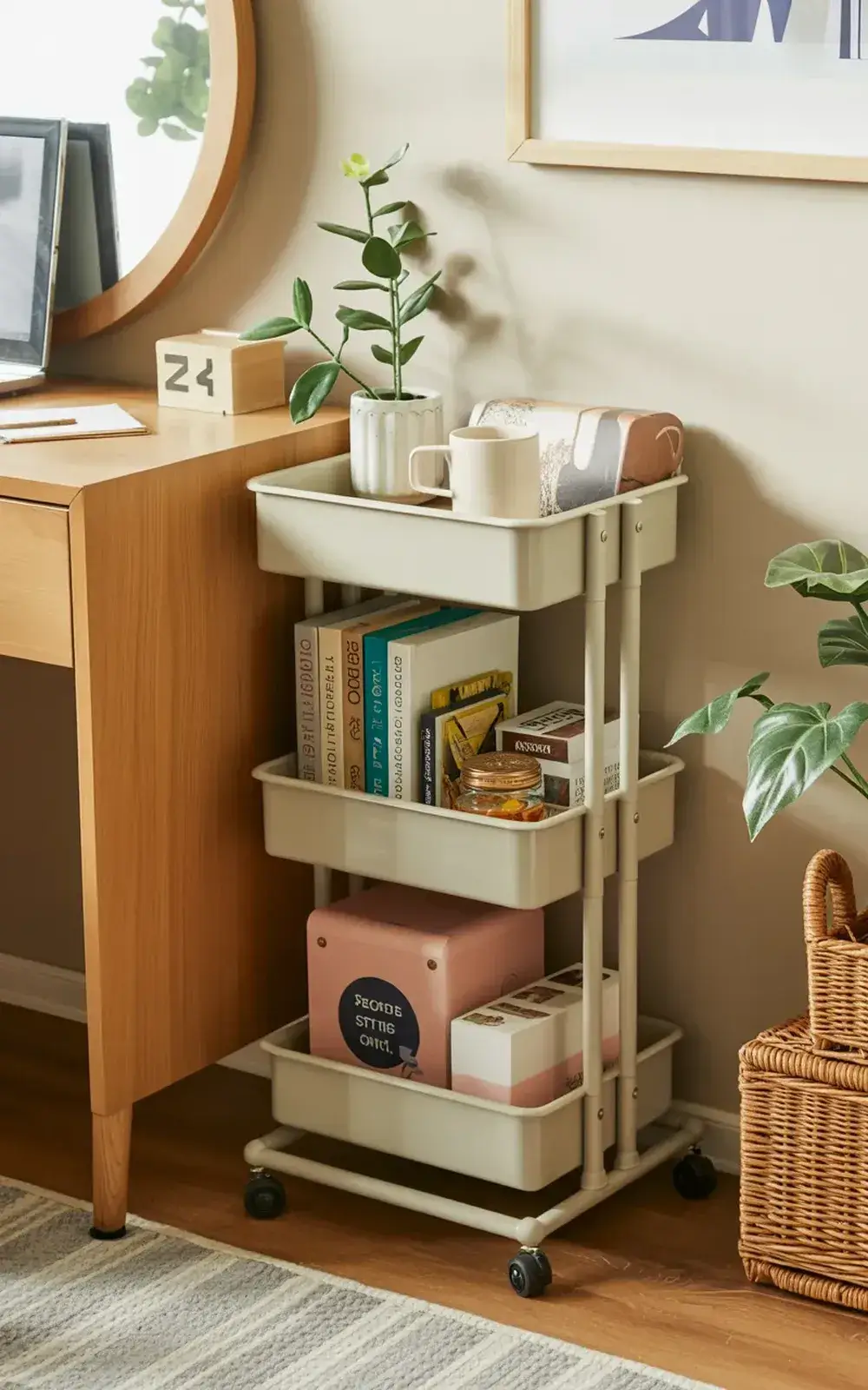 Three-tiered rolling cart holding books, mugs, a potted plant, and miscellaneous items next to a wooden desk with a mirror.