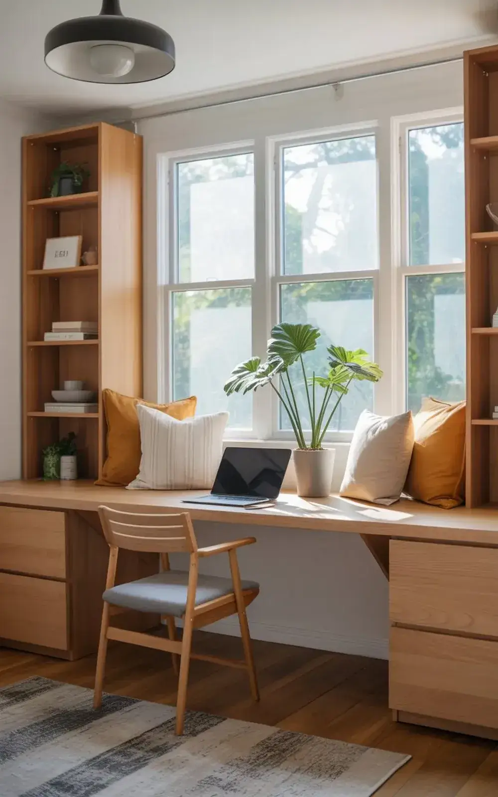 A tidy home office with a laptop, cushions, and a potted plant by a large window.