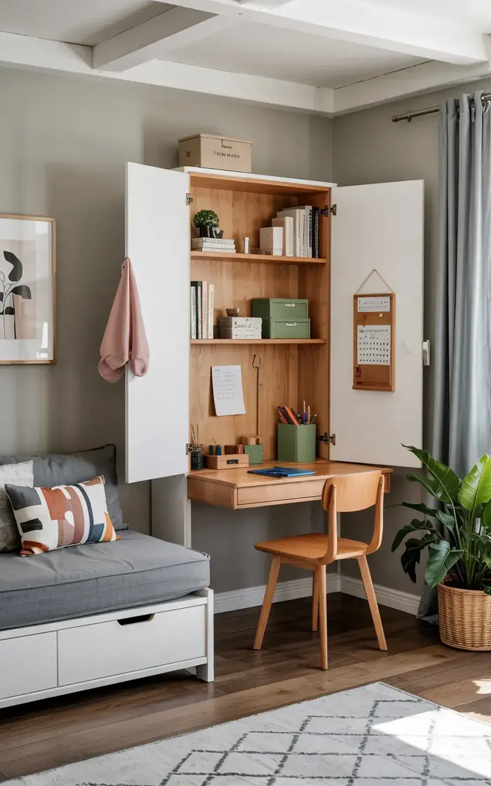 A cozy home office desk with shelves, a sitting area, and decorative items.