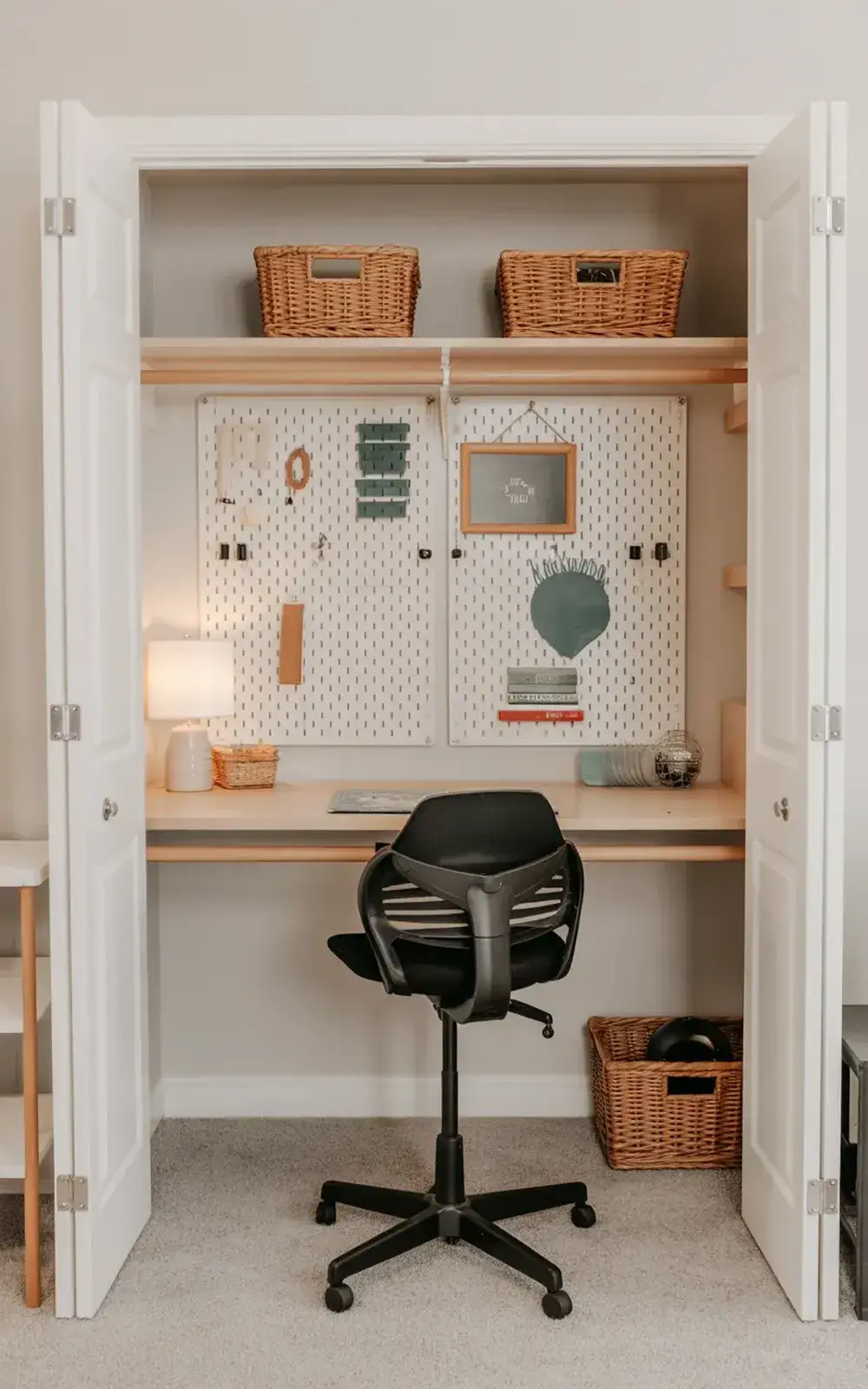 Cozy home office tucked inside a closet with a black desk chair and organized wall storage.