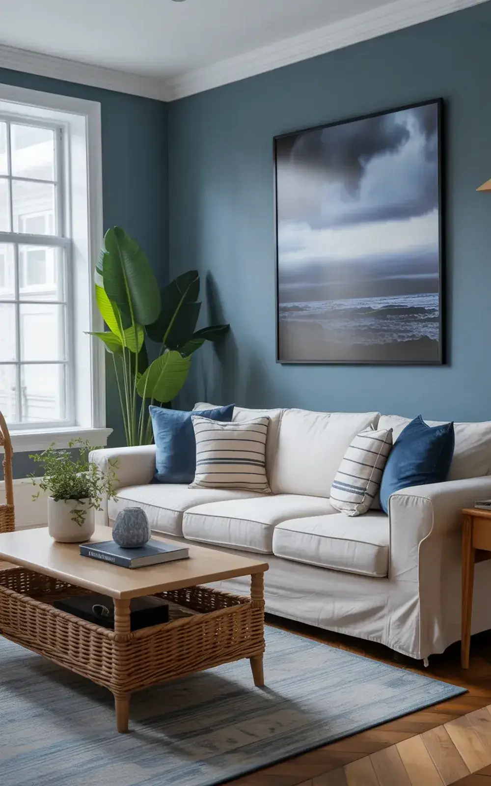 Cozy living room with white sofa, coffee table, pillows, potted plant, seascape art and window.