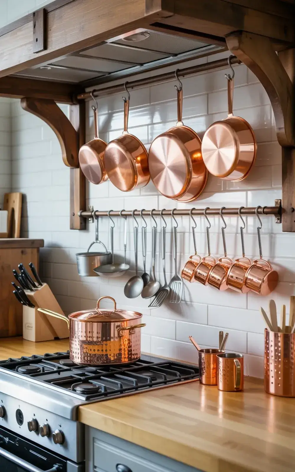 A kitchen with copper cookware hanging above a stove.