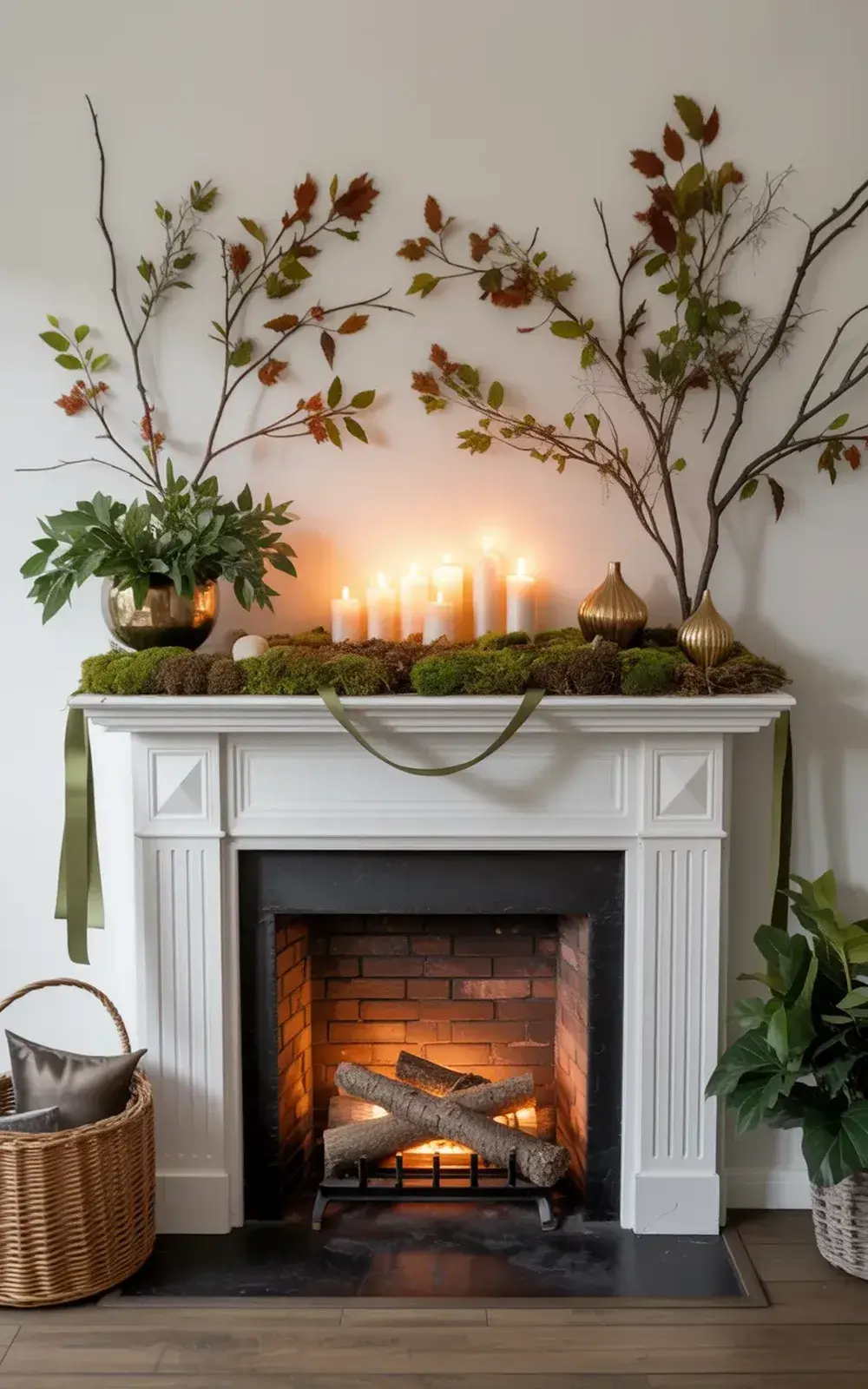 Elegantly decorated white fireplace mantel with lit candles, greenery, and burning fire.