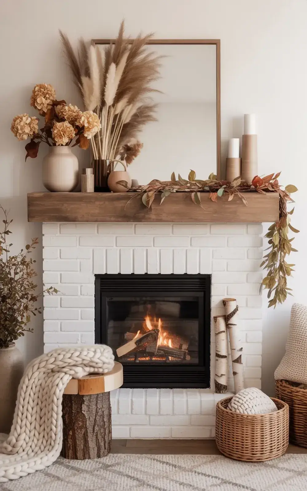 Cozy indoor fireplace setting with natural decor and warm textures