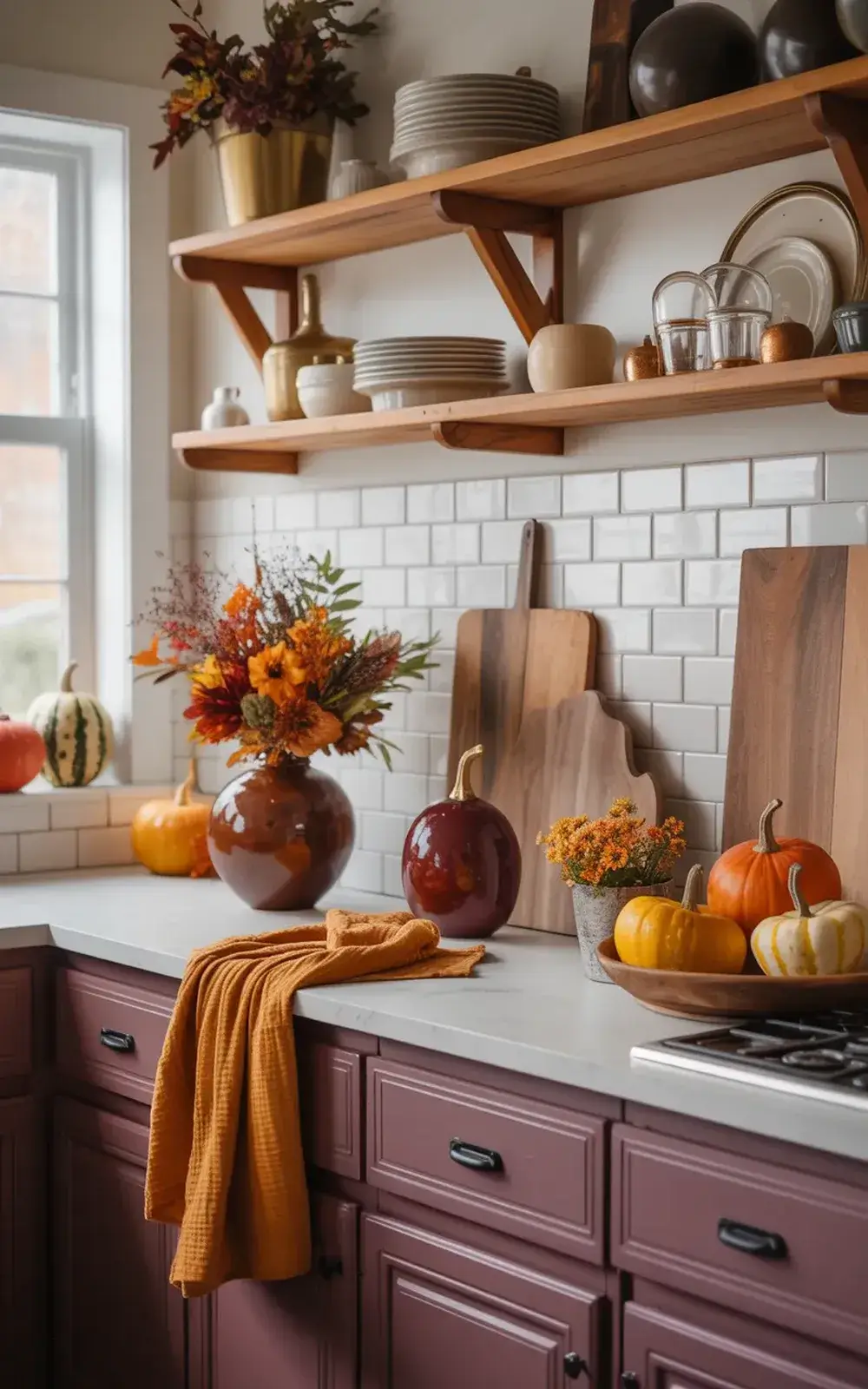 A cozy kitchen with fall-themed decor, pottery, and wooden shelves.