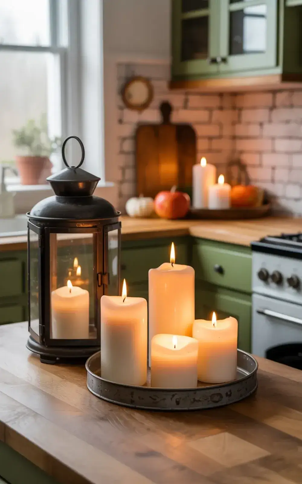 A black lantern and four lit candles in a kitchen setting.