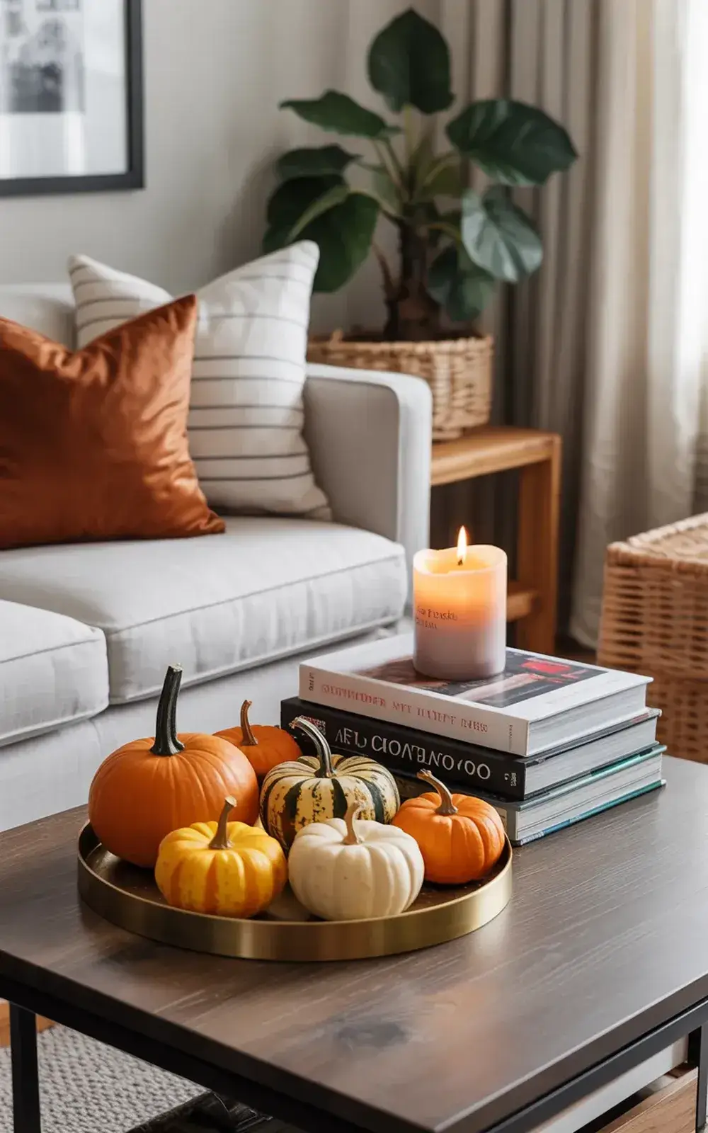 Coffee table with autumn-themed pumpkins, books, and a lit candle in a cozy living room.