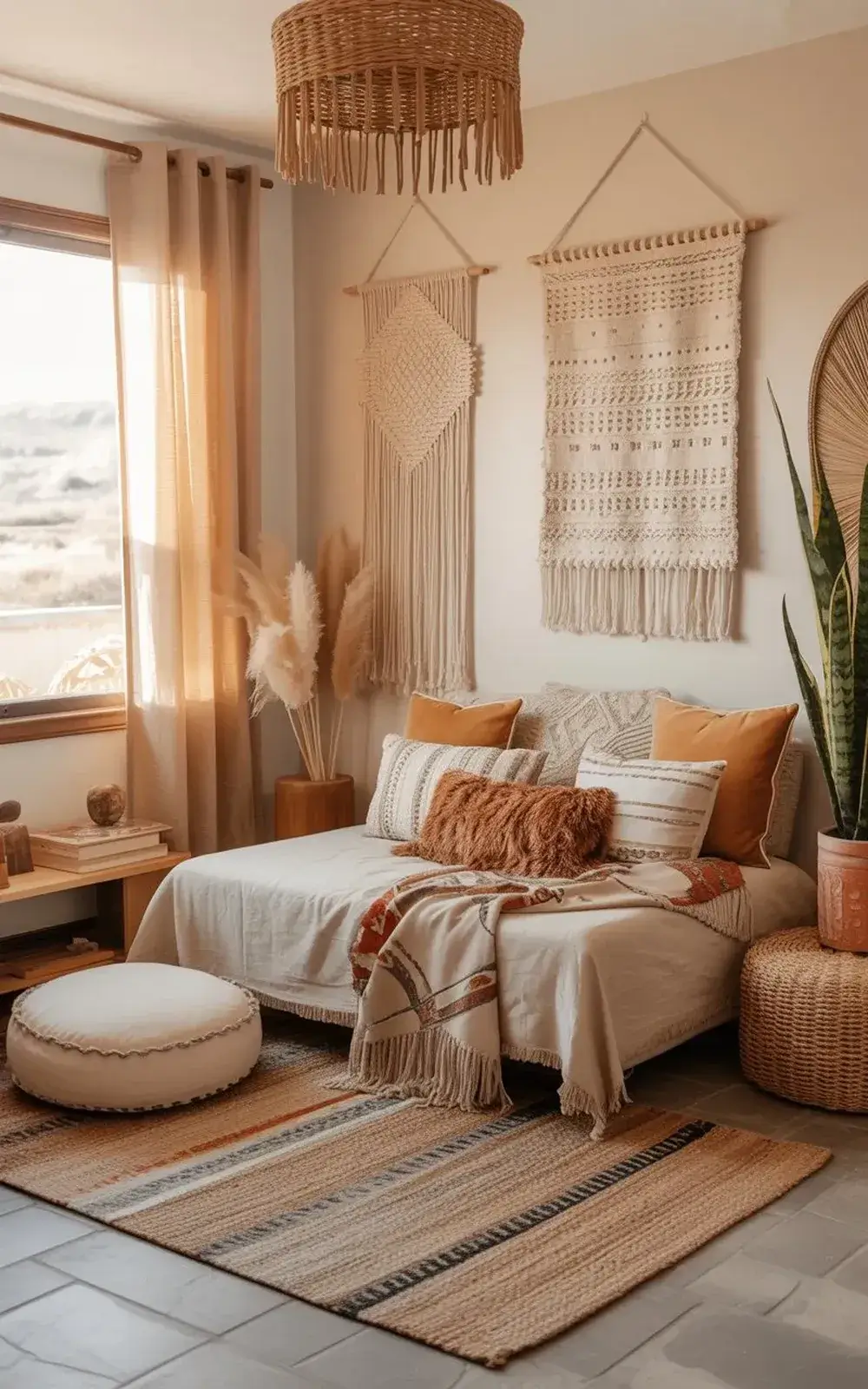 Cozy rustic bed with sentimental textiles against a sunny window.