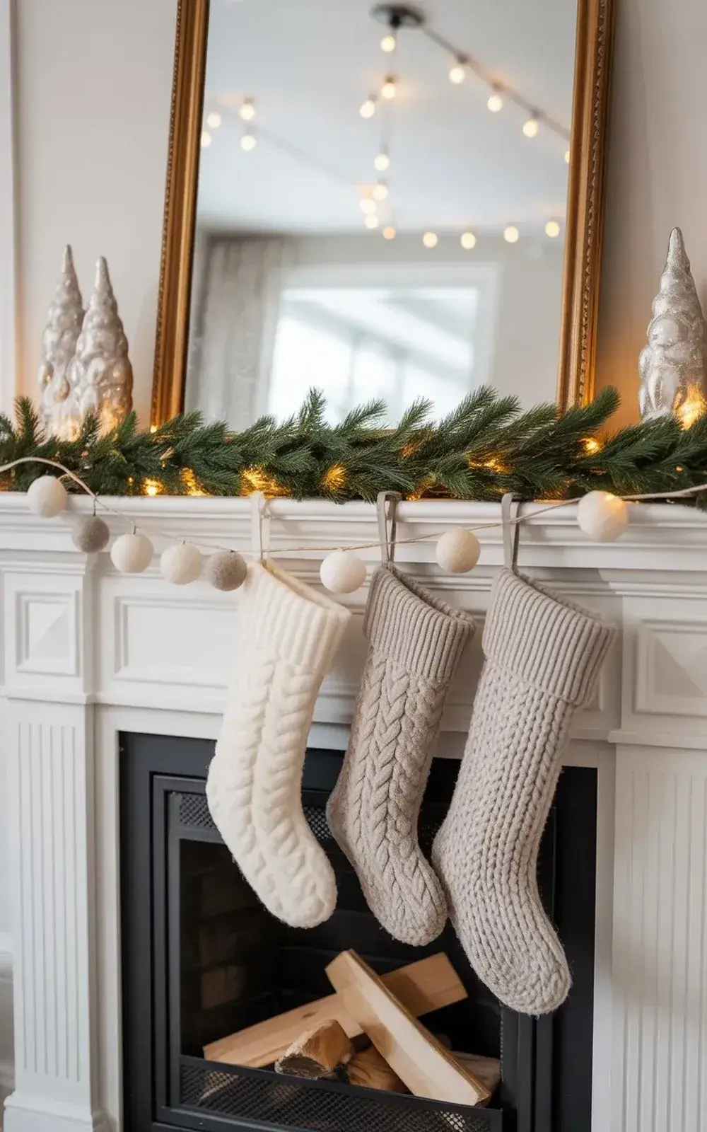Three knitted stockings hanging with lights on a decorated mantel topped with garland, ornaments, and lighted cone decorations.