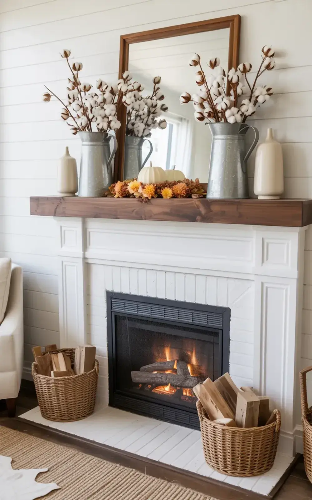 Fireplace with mantel displaying vases of cotton stems, fall decorations, and white pumpkins with a burning wood fire.