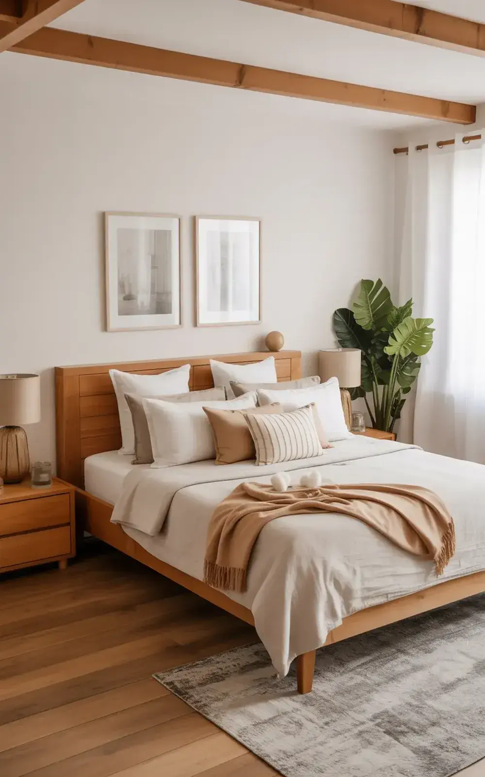 Cozy bedroom with a neatly made bed, wooden nightstands, and large potted plant.
