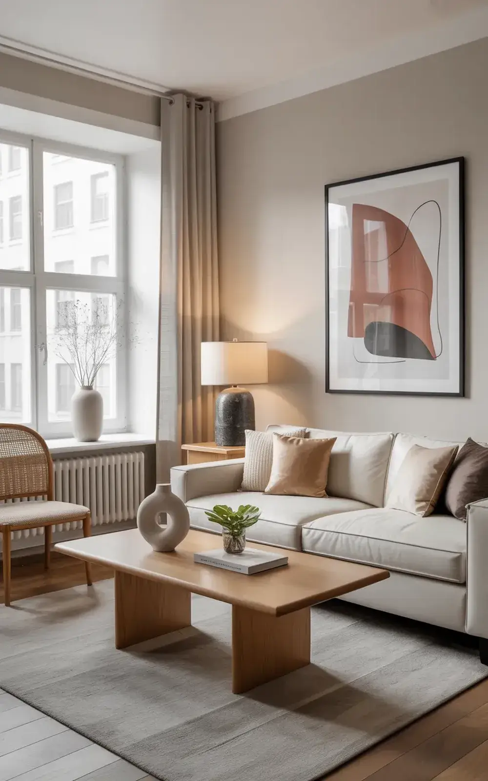A modern living room with a white sofa, wooden coffee table, and a large abstract art piece on the wall.