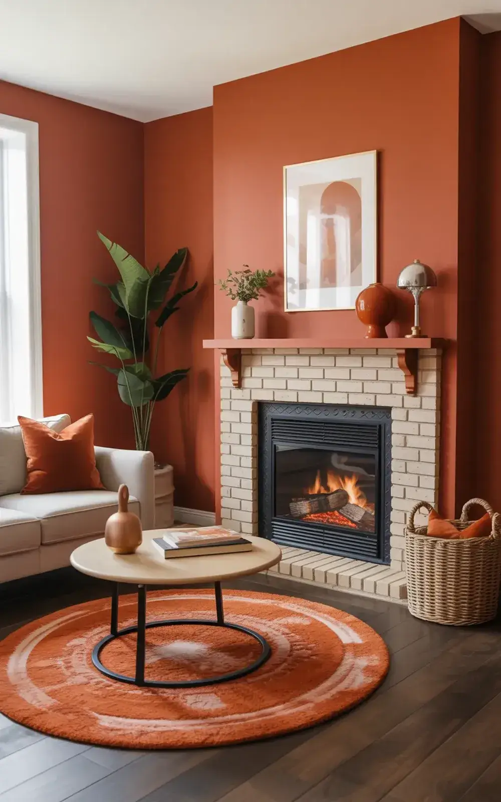 Cozy living room with a lit fireplace, wooden coffee table, large plant, decorative objects and an orange rug.