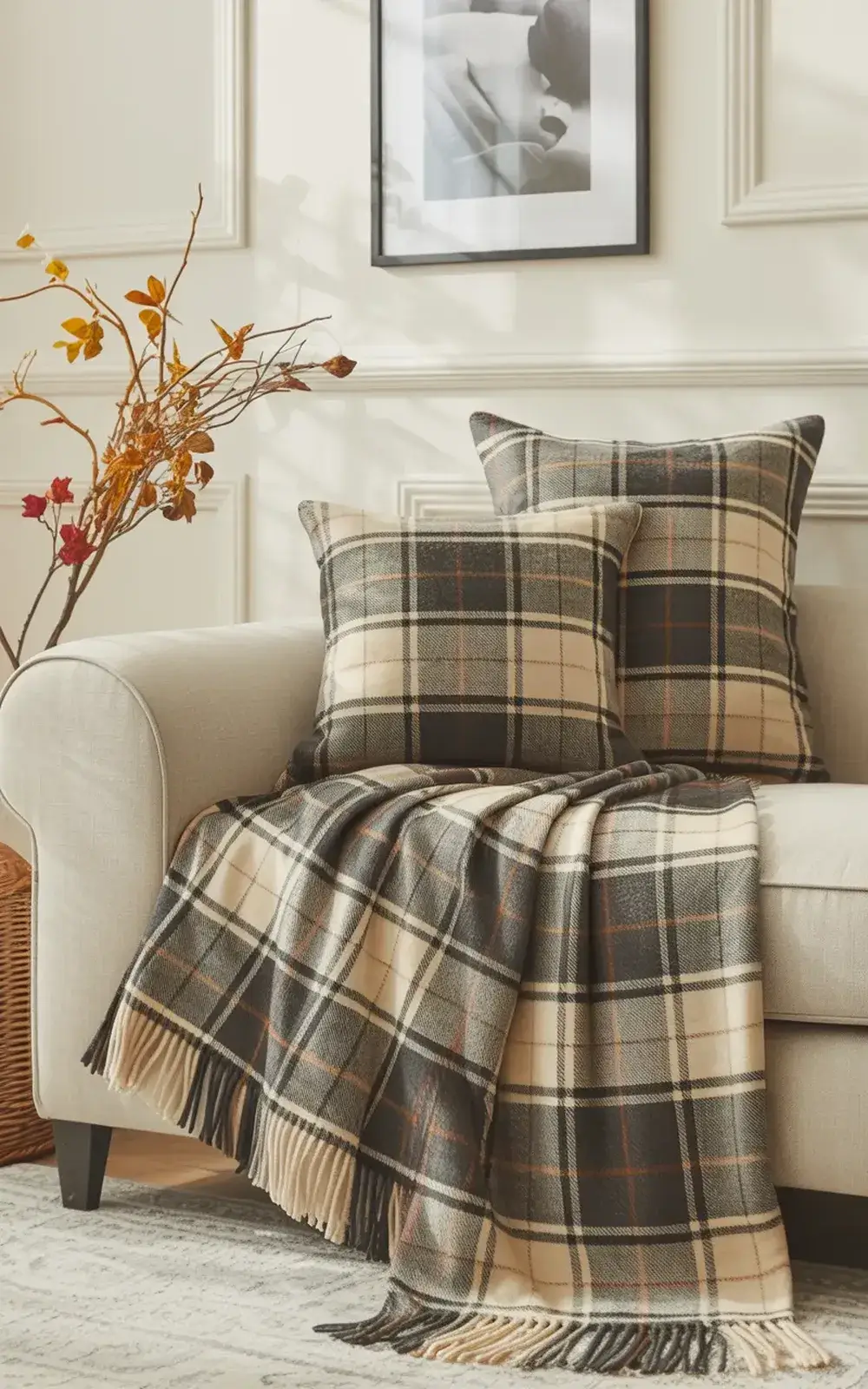 Cozy plaid patterned blanket on a cream sofa with armchair and dried flowers
