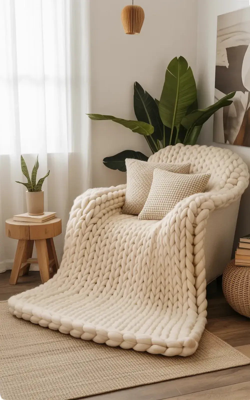 Cozy white armchair with chunky blanket, pillows, and indoor plants near a curtained window.