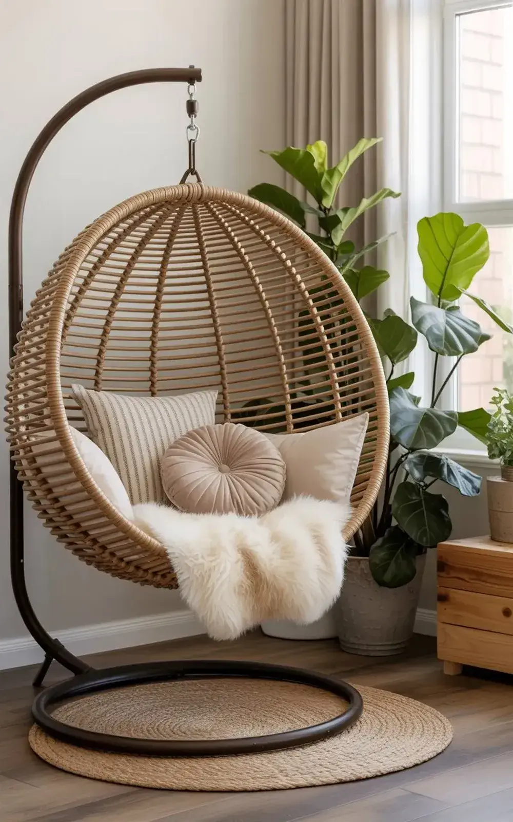 Wicker hanging chair with cushions by a window with plants.