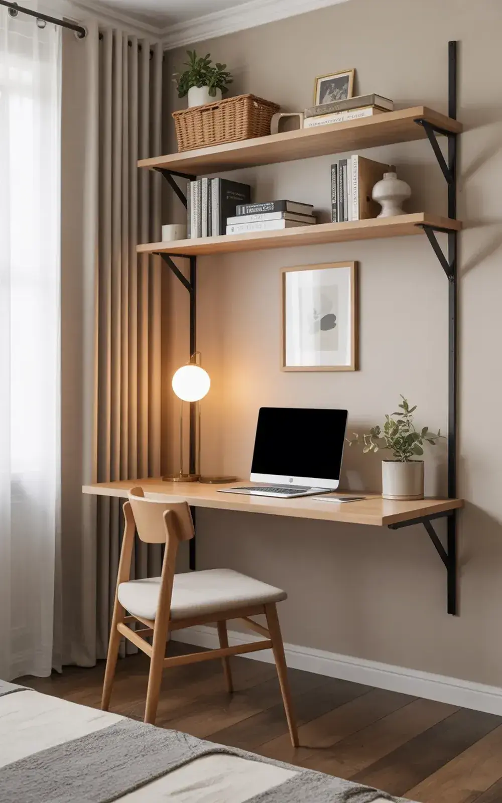 A modern wooden wall-mounted desk with laptop, books, and plant in a cozy room.
