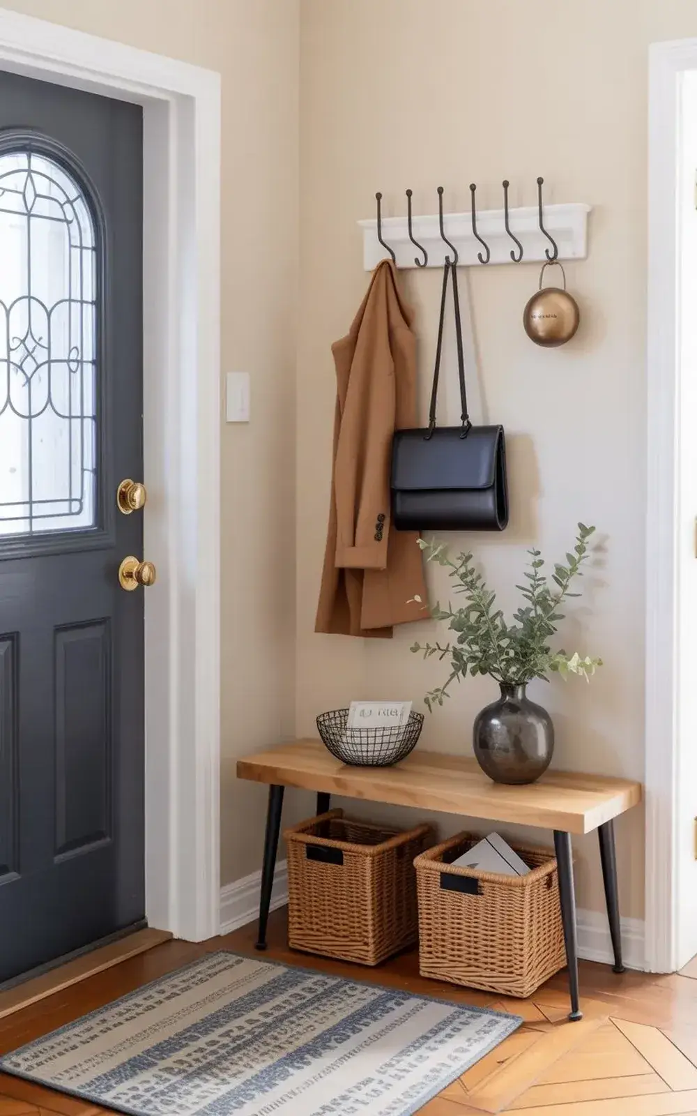 An entryway with a coat rack holding a jacket and purse, a bench with baskets, and a green plant.
