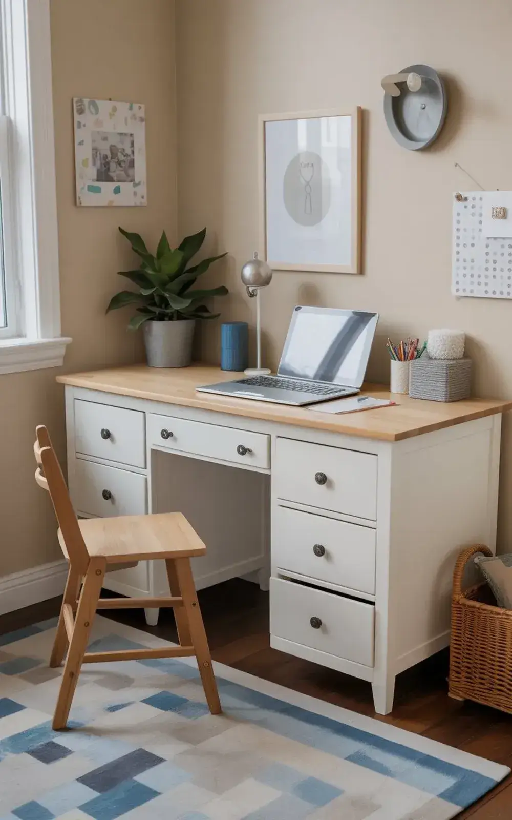 A light wood desk with a laptop, chair, and decorative items in a home office setting.