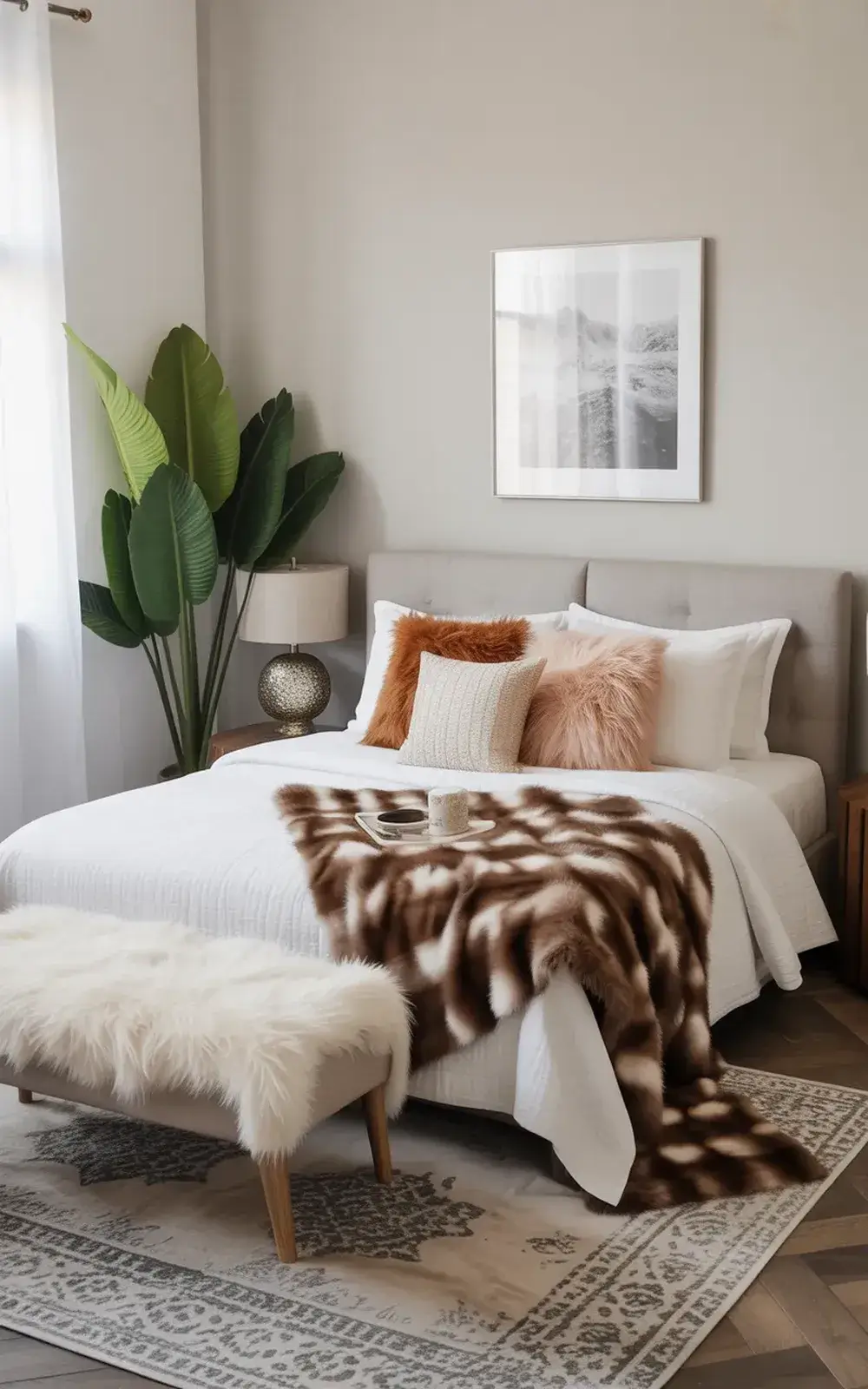 A neatly made bed with fur throws and cushions in a cozy bedroom with a potted plant and framed artwork on the wall.