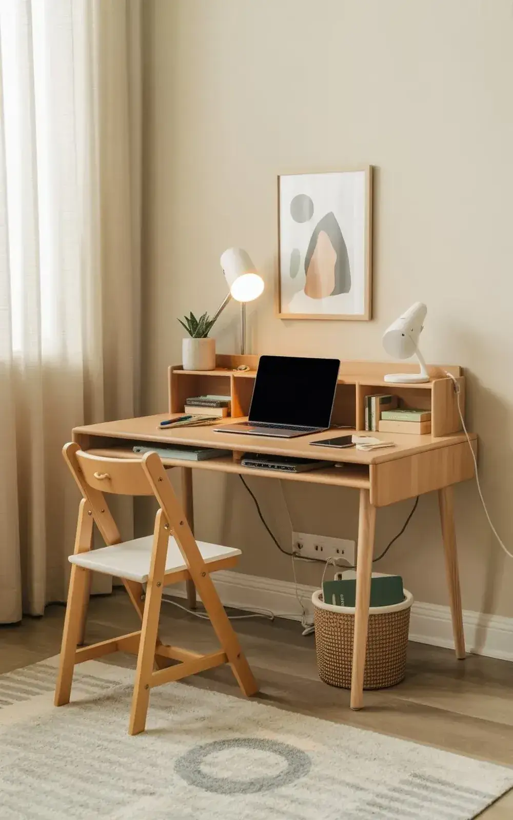 A wood desk with a laptop, desk lamp, books, and storage basket on a rug beside a window