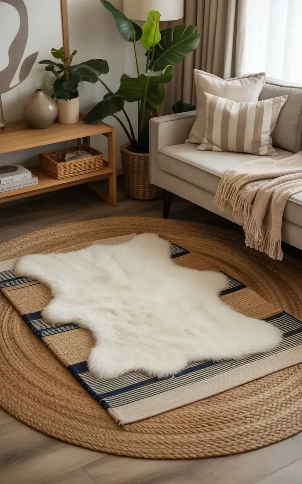 A cozy living room with white furniture, plants, and a faux fur rug.